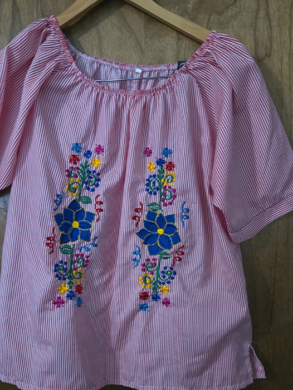 Red Striped Embroidered Peasant Top with Blue Floral Accents